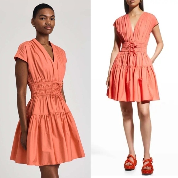 DEREK LAM Coral Cotton Smocked Ruched Tie Waist Short Sleeve Flare Mini Dress 12 - Picture 2 of 13